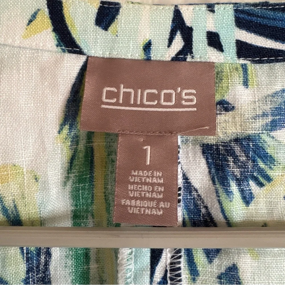 Chico’s Tropical Garden Linen Open Drape Front Jacket Women’s Sz Medium Blue